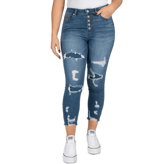 Indigo Rein MED BLUE High Rise Button Fly Distressed Cropped Jeans, US 0