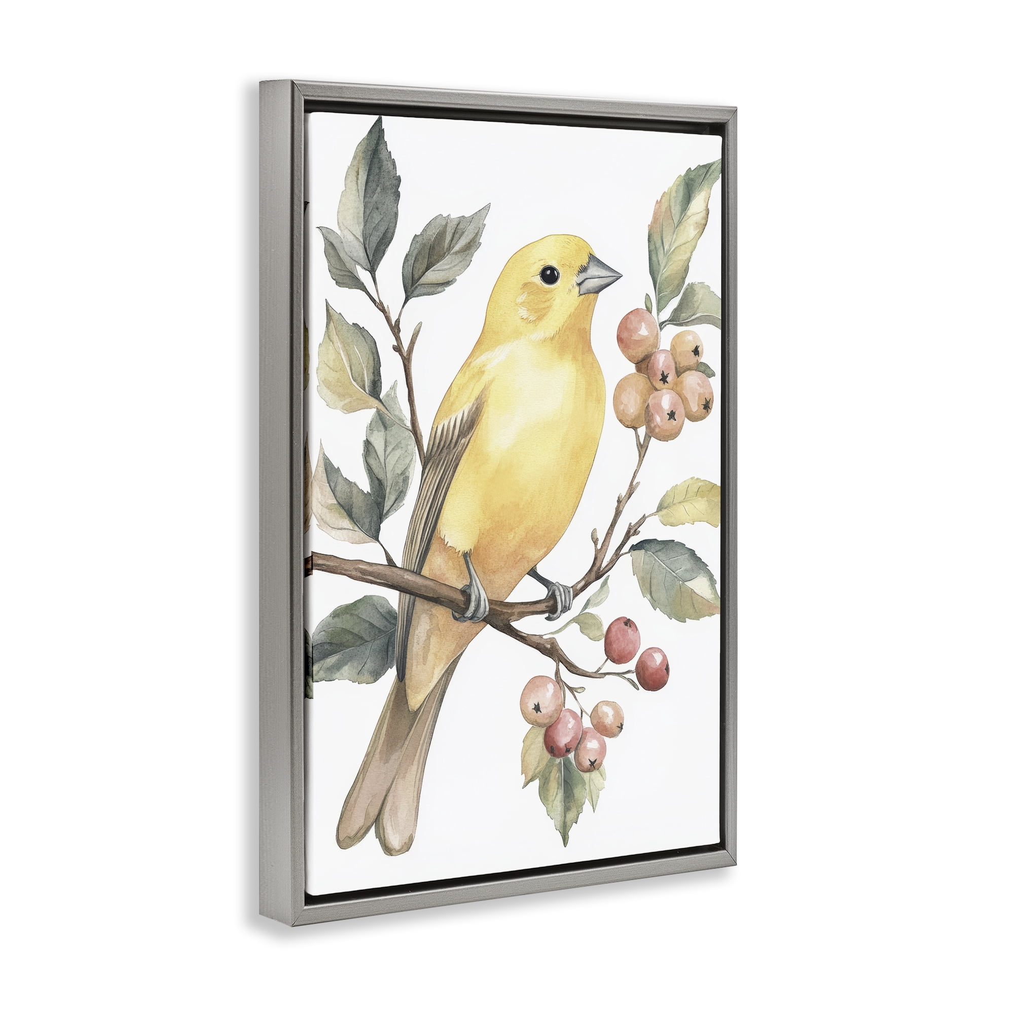 Stupell Industries Sun Lit Bird on Branch Gray Framed Floater Canvas Wall Art, design by Petal Prints Design