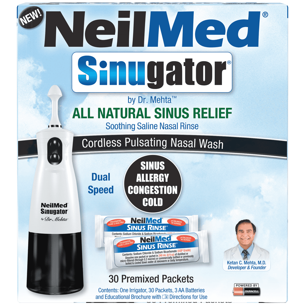 NeilMed Sinugator Cordless Pulsating Nasal Irrigator (Dual Speed) with 30 Premixed Packets and 3 AA Batteries - Black
