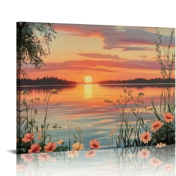 Nature Landscape Canvas Wall Art: Modern Lake Picture Print Vertical Sunset Scene Picture Artwork Painting for Living Room Bedroom Decor