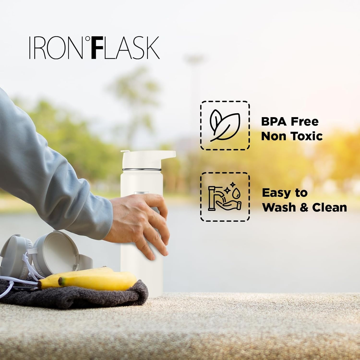 IRON °FLASK Camping & Hiking Hydration Flask, Wide Mouth, 3 Straw Lids, Stainless Steel Outdoor Water Bottle, Double Walled, Insulated Thermos, Metal Canteen - Cashmere Cream, 32 Oz