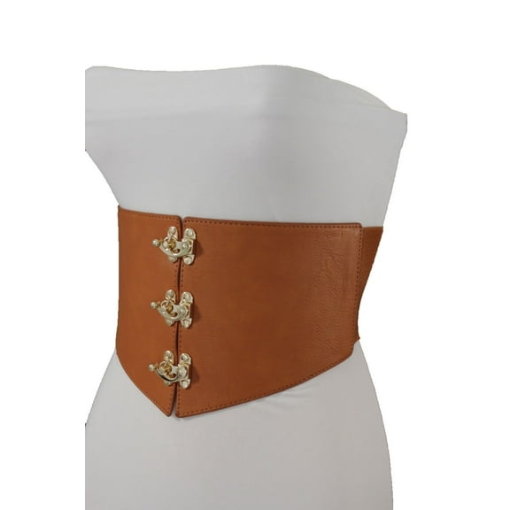 Women Brown Faux Leather Wide Corset Belt Silver Metal Hook Buckles S M
