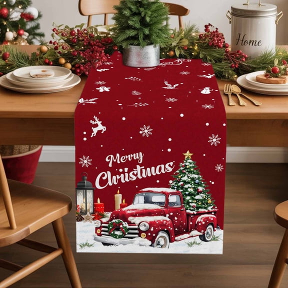 Red Truck Christmas Cotton Linen Small Table Runner 13 x 48 inch Xmas Tree Snowflake Gifts Winter Non-slip Rectangular Dining Table Decor for Wedding Party Holiday Dinner