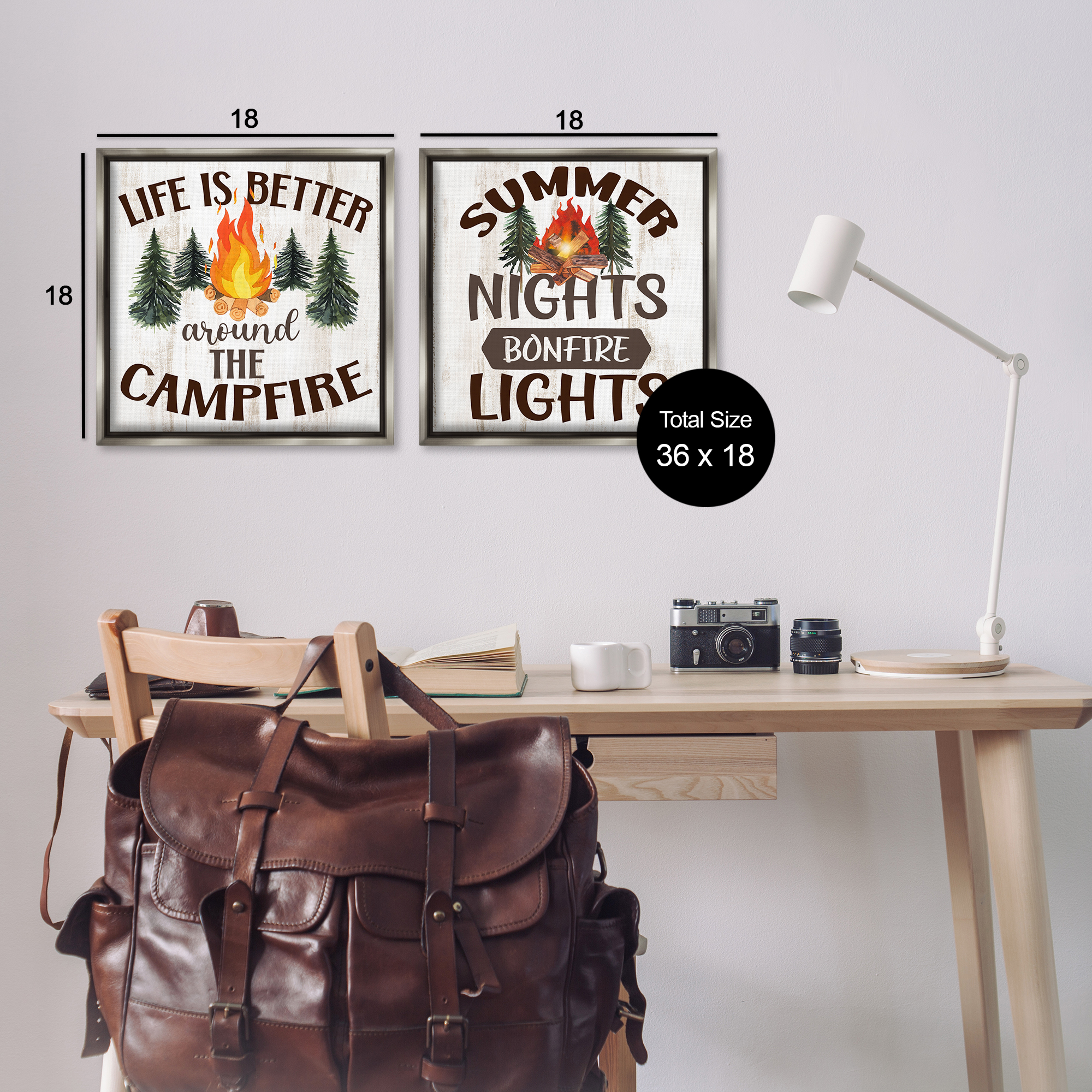 Stupell Industries Summer Nights Campfire Text & Numbers Painting Gray Floater Framed Canvas Art Print Wall Art, 18 x 18, Set of 2