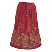 Mogul Women's Long Skirt Red Crinkled Rayon Printed Golden Bootis Summer Skirts