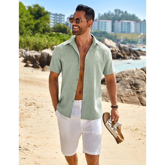 COOFANDY Mens Sage Linen Shirt Short Sleeve Button Down Shirts Summer Beach Dress Shirt