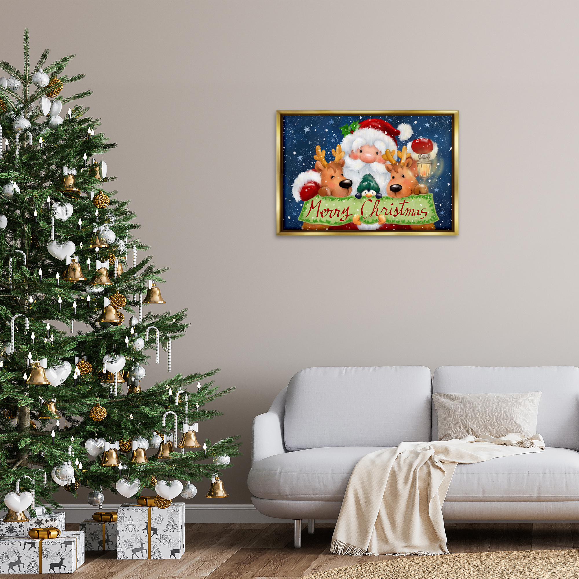 Stupell Industries Santa with Lantern Christmas Holiday Painting Gold Floater Framed Canvas Art Prints Wall Art, 31 x 21