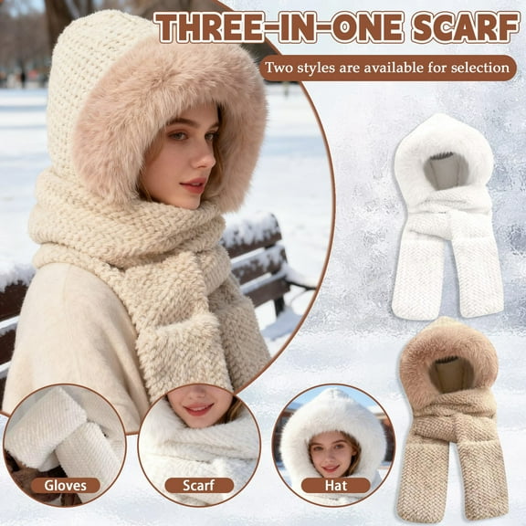 Hooded Scarf for Women Winter, Ear Hat Scarf 3 in 1Faux Fur Gloves Set Soft Thick Warm Hat