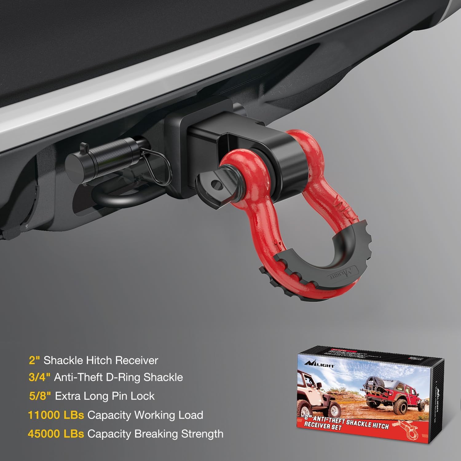 Nilight Anti Theft Shackle Hitch Receiver 2 Inch D Ring Recovery Hitch with 5/8" Hitch Lock Pin 3/4" Shackle 45000 LBs Breaking Strength Heavy Duty Towing Kit Red Black