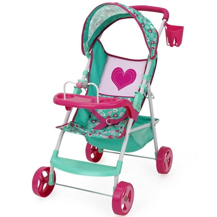 509 Crew: Mint Heart - Sarah Doll Stroller - Hot Pink & Green, Cup Holder, Tray Play, Storage Basket, Folding Accessory, Pretend Play Toy, Kids 3 