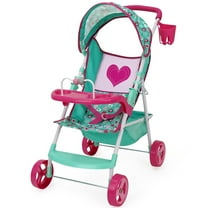 509 Crew: Mint Heart - Sarah Doll Stroller - Hot Pink & Green, Cup Holder, Tray Play, Storage Basket, Folding Accessory, Pretend Play Toy, Kids 3