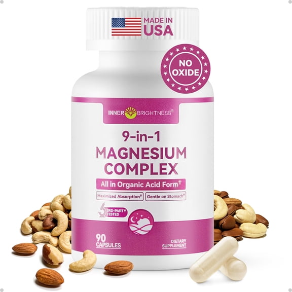 9-in-1 Magnesium Complex for Women, 300mg Magnesium from 9 Organic Forms, Glycinate, Citrate, Malate, High Absorption for Sleep & Relaxation, Energy & Muscle Support, 90 Capsules