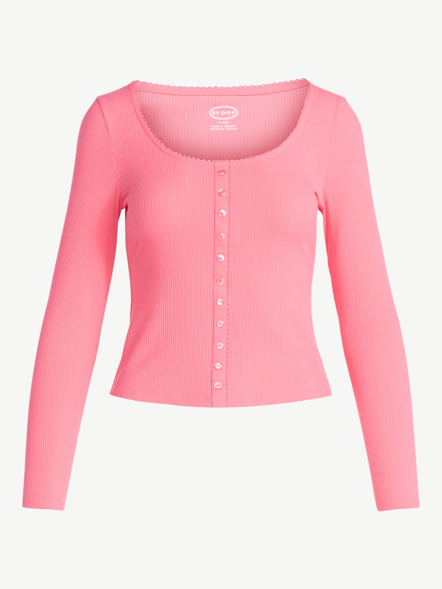 Scoop Women’s Lace Trim Scoop Neck Ribbed Tee with Long Sleeves, Sizes XS-XXL
