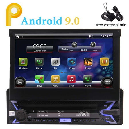 Single DIN In Dash Android 9.0 Pie System 1G+16G Quad Core Car Stereo Head Unit with 7 inch Flip Out Touch Screen Monitor Support
