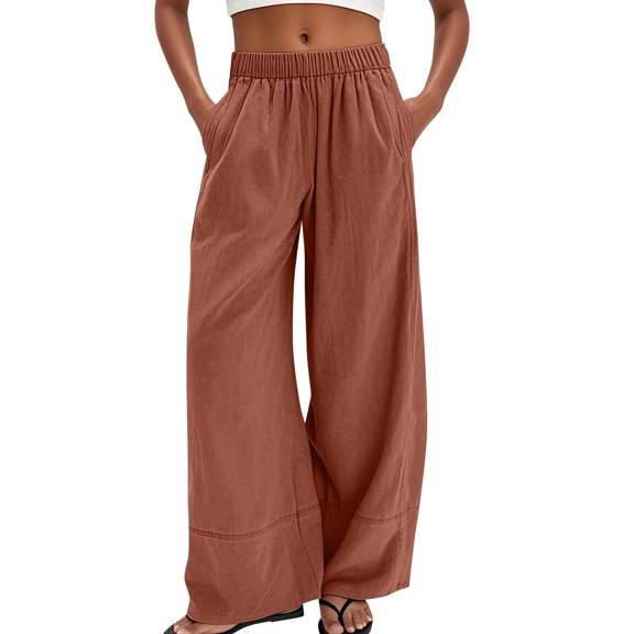 Wide Leg Linen Pants for Women Tall Spring Linen Palazzo Pants Baggy High Waisted Beach Pant Gauze Lounge Trousers Brown 2XL