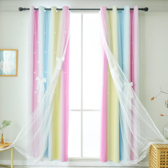 Psoiuetr Blackout Gradient Ombre Curtains for Kids Girls Bedroom Living Room Decor Rainbow Double Layers Star Cut Out Stripe Pink Yellow Grommet Window Curtains,52"x63",1 Panel