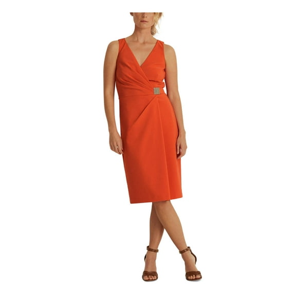 LAUREN RALPH LAUREN Womens Orange Zippered Pleated Hardware At Wiast Lined Sleeveless Surplice Neckline Knee Length Cocktail Faux Wrap Dress 12