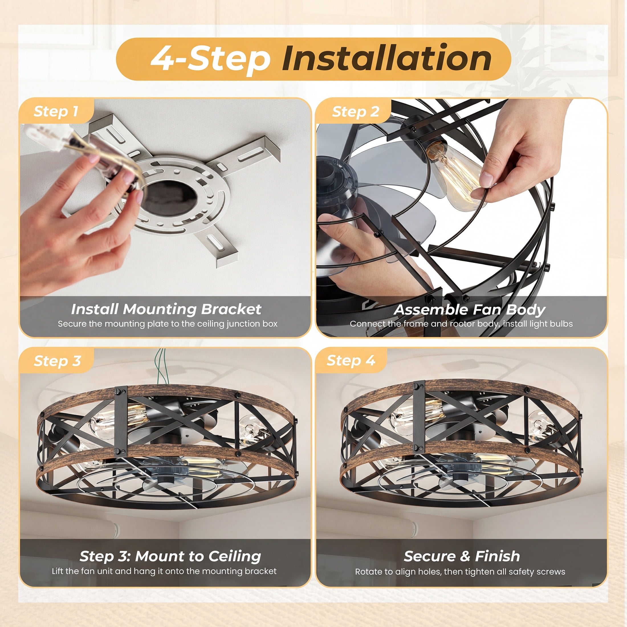 edx 19" Farmhouse Flush Mount Ceiling Fan with Light & Remote, Reversible Blades, Bladeless Safety Cage, 6 Speeds, 8H Timer, Rustic Low Profile Ceiling Fan for Bedroom Kitchen Living Room, Gold