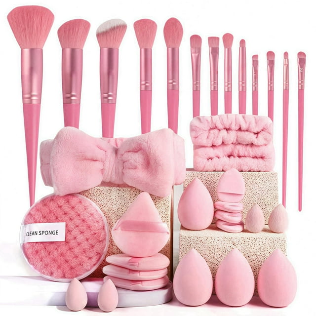 Set de brochas de maquillaje SIHIMESOLFVE, 33 unidades, fibra sintética, color rosa