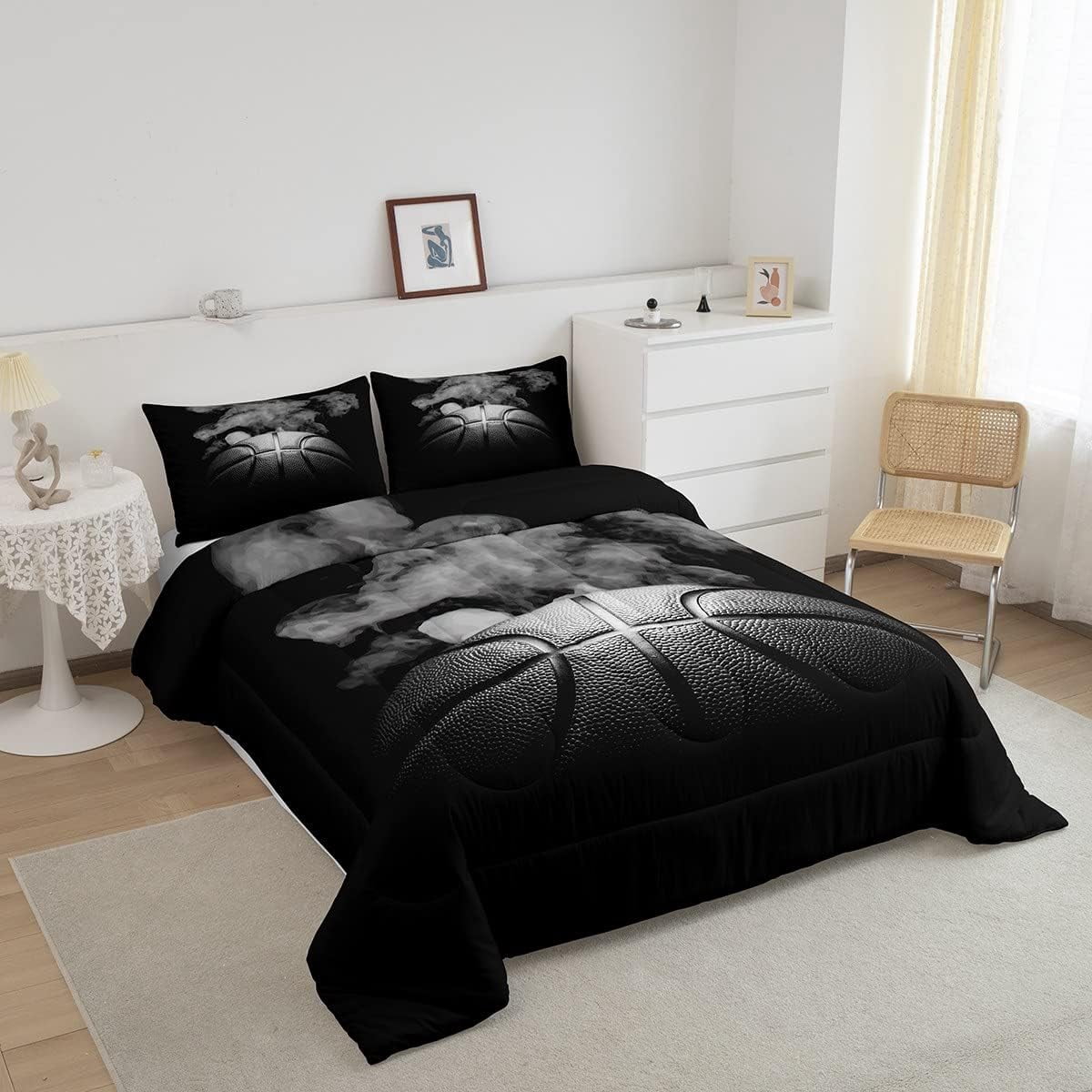 Basketball Comforter Set Teen Full Size Sports Basketball Bedding Set Basketball Room Decor Reversible Black Down Comforter Grey Hippie Smoke Quilt Duvet Insert 2 Pillow Case