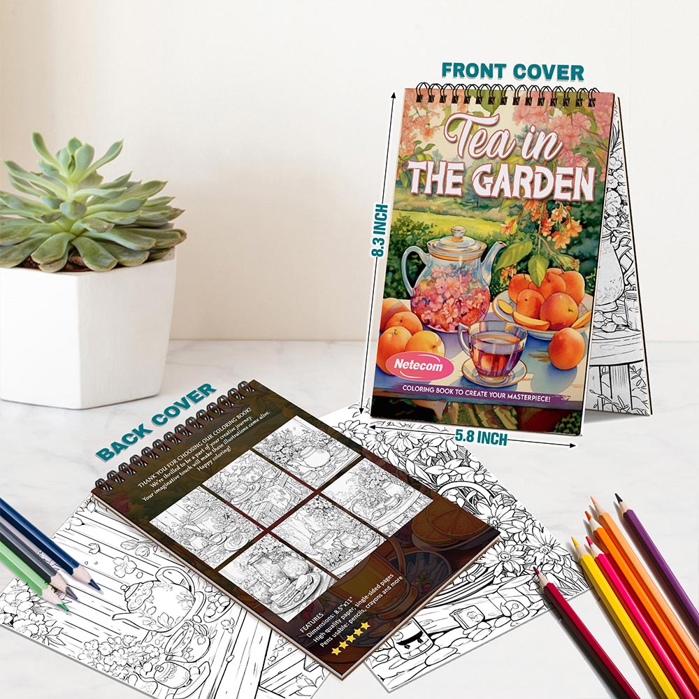 Netecom Tea in the Garden Coloring Book Spiral Bound For Adults, A5 Wooden Cover, 30 Charming Coloring Pages in Cozy Garden Scenes for Stress Relief and Relaxation