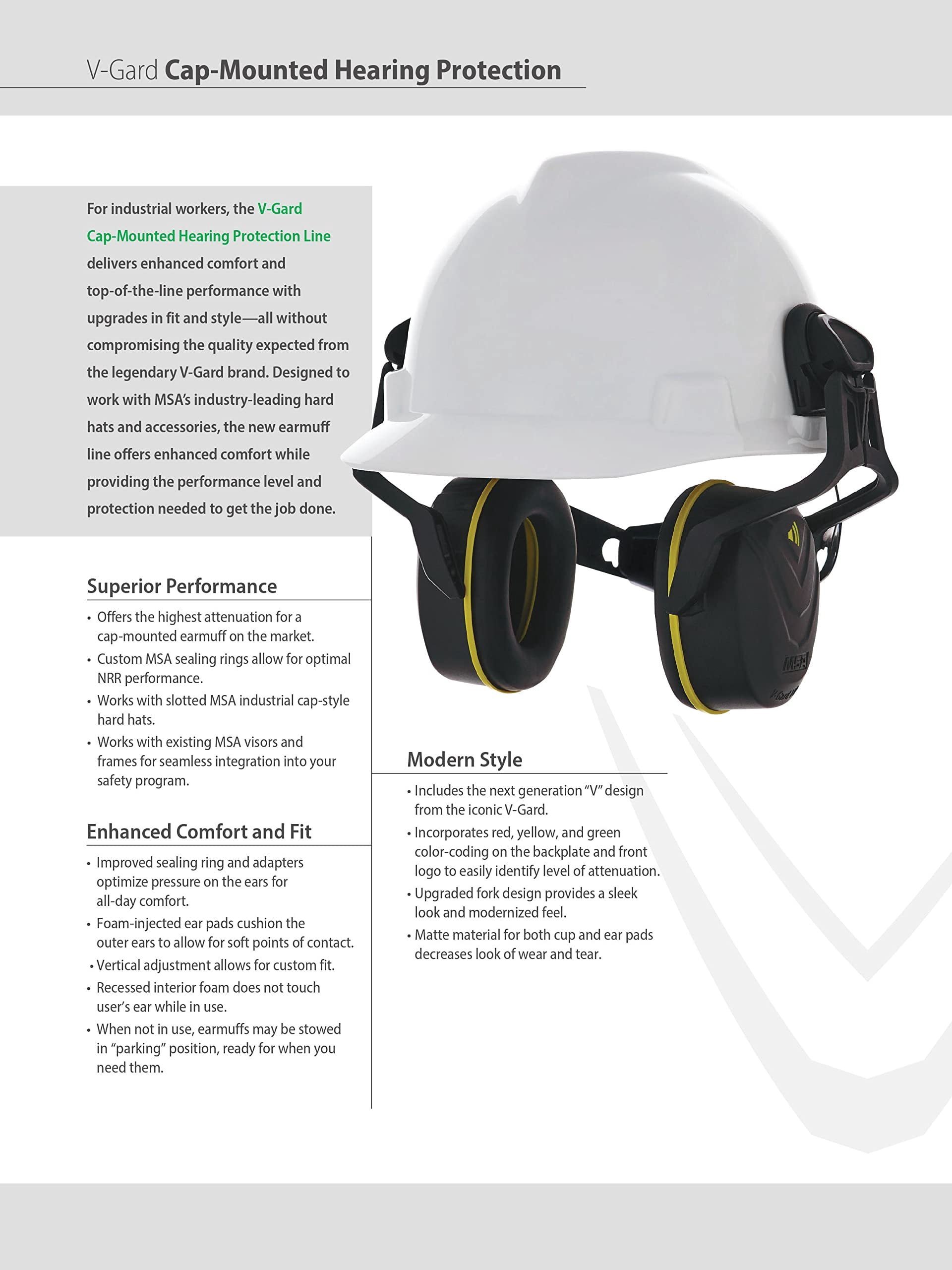 MSA 10190357 V-Gard Helmet Ear Defenders - Enhanced Comfort Hearing Protection Capsules with Helmet Mount for V-Gard Cap Style Hard Hats - Black/Yellow - Medium Attenuation SNR: 32 dB