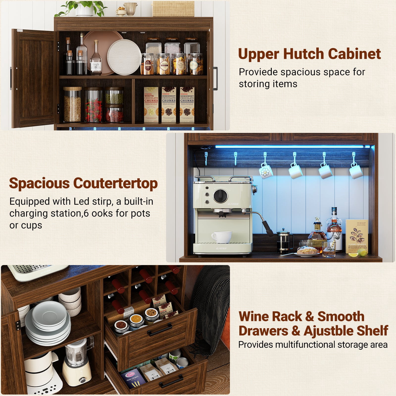 Homieasy 72'' Tall Pantry Cabinet with 2 Drawers and Doors, Farmhouse Kitchen Cupboard with Power Outlets and Lights, Weathered Brown