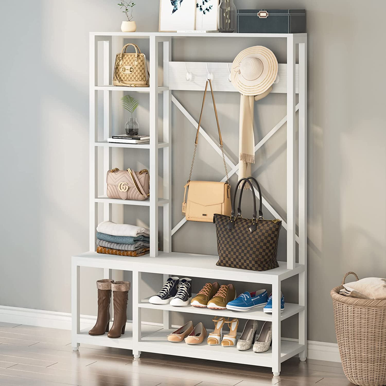 Tribesigns 70" White Industrial Entryway Hall Tree with Bench, White