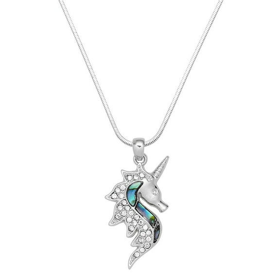 Unicorn Pendant Necklace Rhinestone Crystal Abalone Shell Rhodium Plated 17 Inch Snake Chain J1063