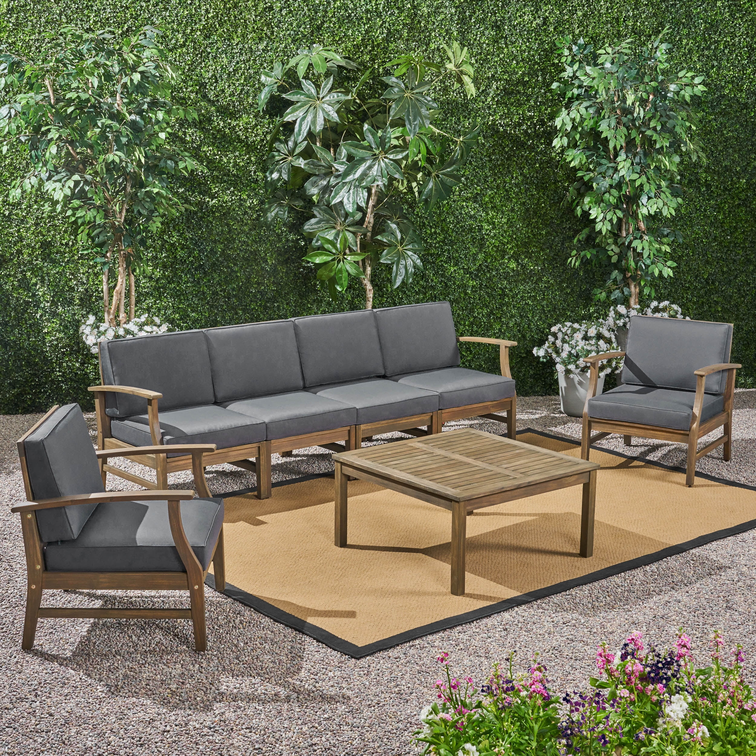 Danielle Outdoor 7 Piece Acacia Wood 6-Seater Sofa and Club Chairs Set, Gray and Dark Gray