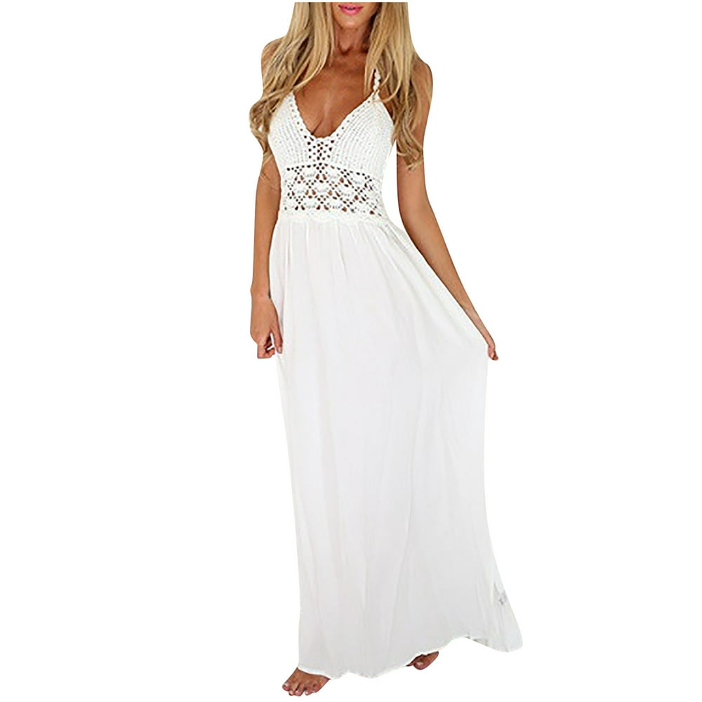 Tuscom - Tuscom Womens Lace Maxi White Wedding Dress V-Neck Spaghetti ...
