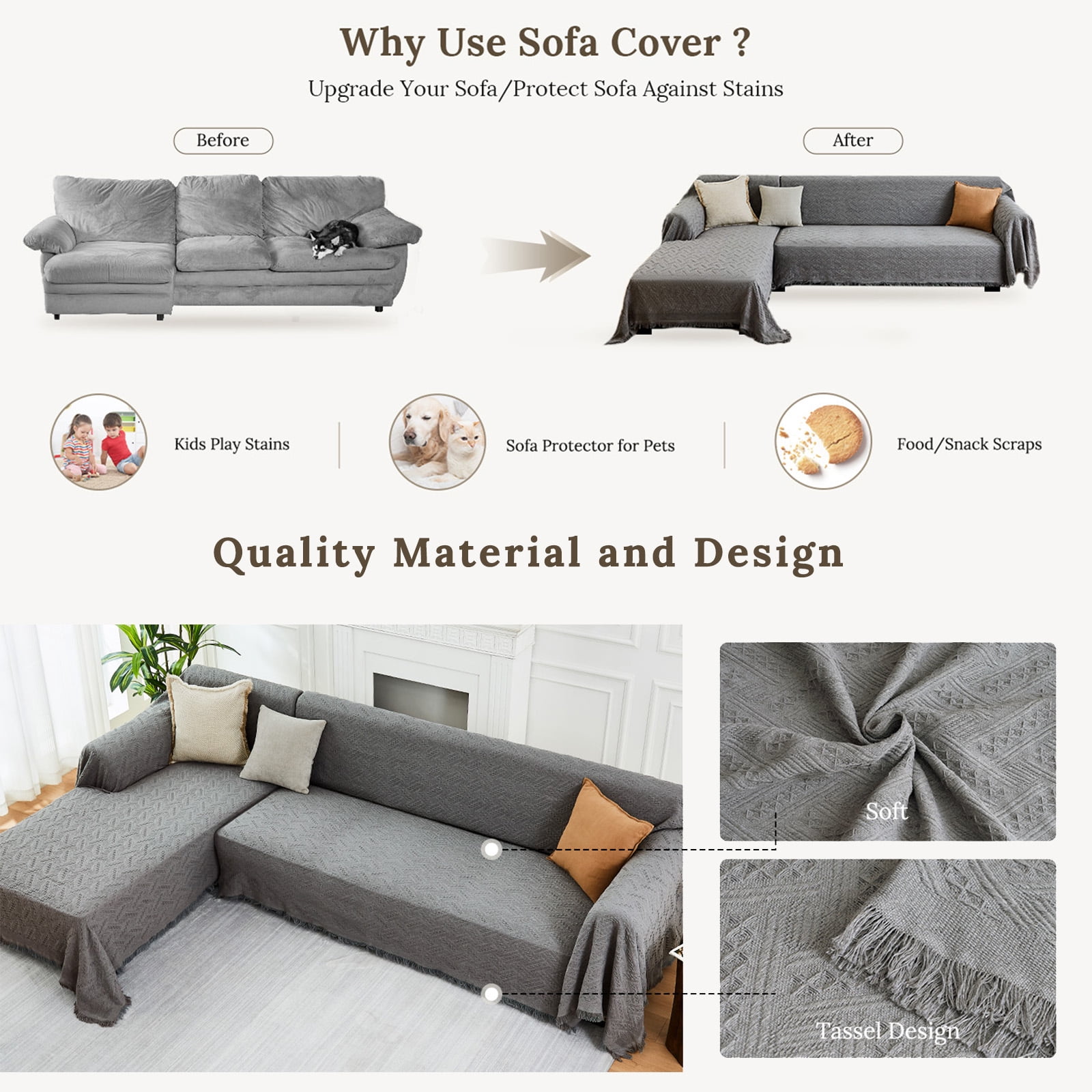 Sanmadrola Couch Cover Sofa Covers Couch Covers for Sectional Sofa Love Seat Couch Covers for 2 Cushion Couch Washable Slipcover for Dog Sofa Protector 71" X102 Gray 1 Piece