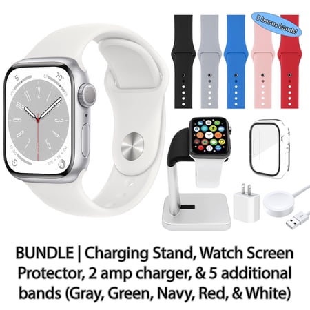 Restored Apple Watch Series 8 (GPS, 41 mm) Silver Aluminum Case with Silver Sport Band Bundle | 5 Bonus Bands, Charging Stand, Screen Protector, & 2 amp charger (Refurbished)