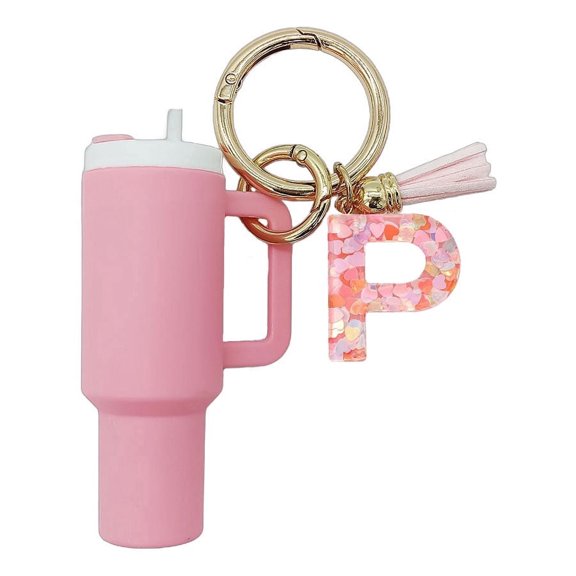 Mini Tumbler Keychain Accessories for Cup with Handle, Initial Letter Charm Cute Cup Chapstick Holder Key Keychains for Women Purse Backpack Handbag