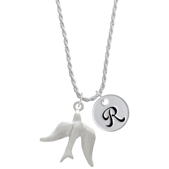 Delight Jewelry Silvertone 3-D Dove Silvertone Script Initial Disc - R - Charm Necklace, 20"+3"