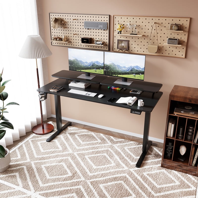 Homall 55" Wide Electric Height Adjustable Standing Desk with Monitor Stand Lifting Range 28~46" Stand Up Office Desk for Home Office,Black