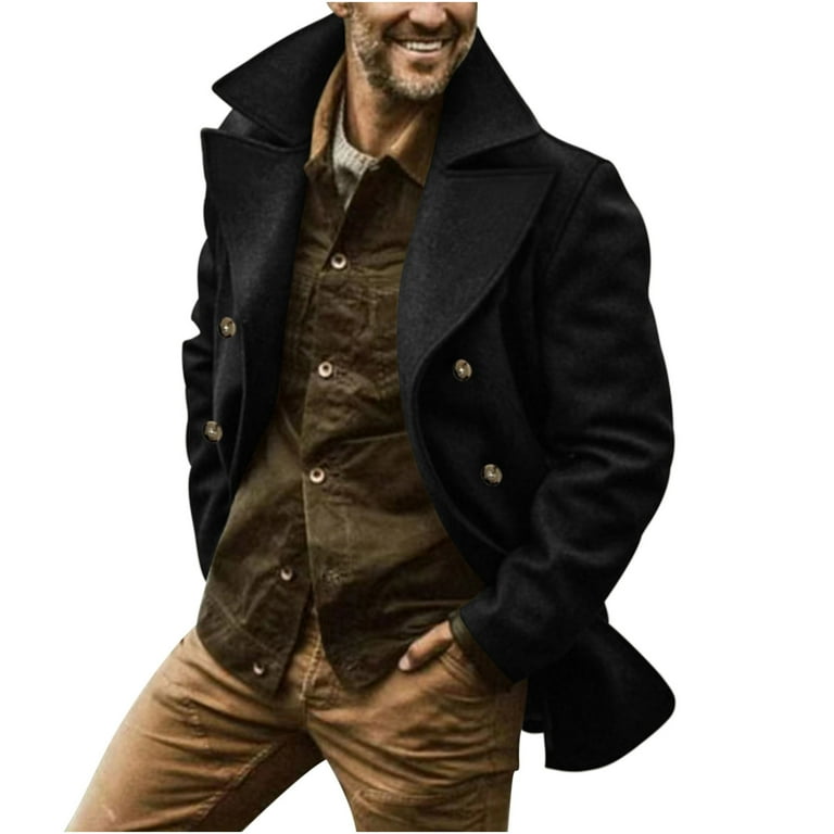 Leesechin Mens Peacoat Big and Tall Lapel Hooded Pocket Double