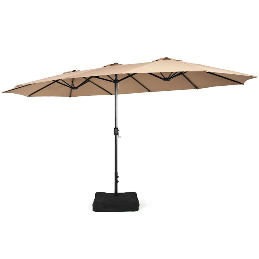 Aimee Lii 15 Feet Double-Sided Twin Patio Umbrella with Crank and Base, Sunbrella Patio Umbrellas, Brown Aimee Lii 15 Feet Double-Sided Twin Patio Umbrella with Crank and Base, Sunbrella Patio Umbrellas, Brown
