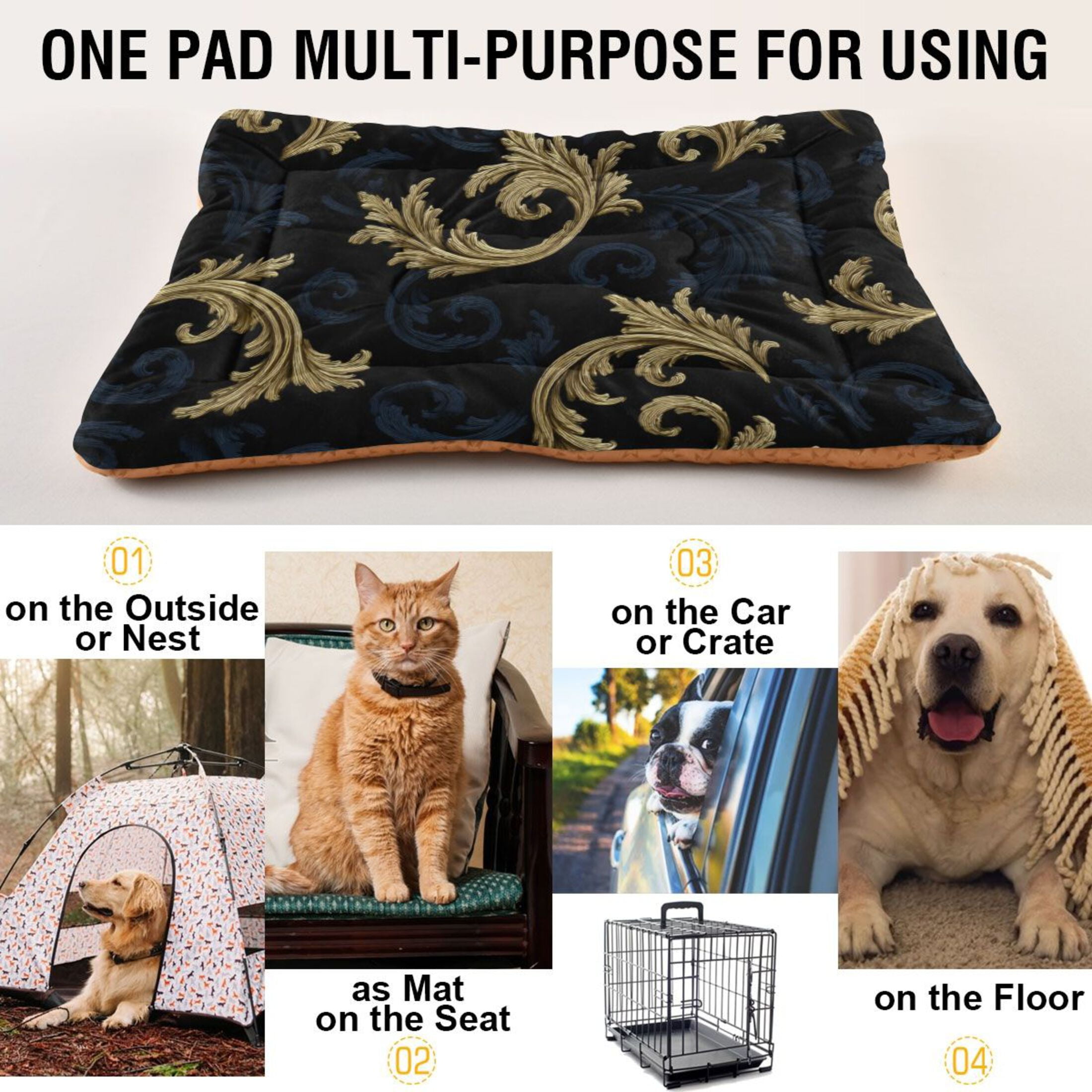 Cozy Mat Pet Bed Indoor Outdoor Warm Soft For Cat Dog Puppy(S/M) Gold and Navy Blue