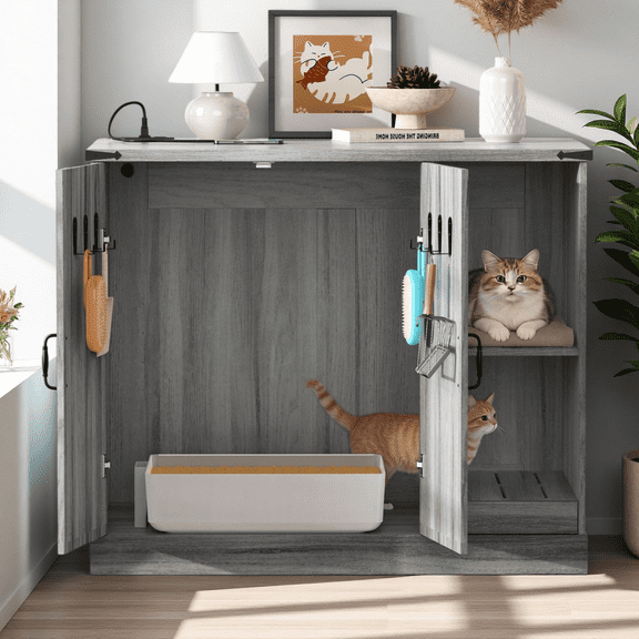 Cat Litter Box Cabinet with Power Outlet, Hidden Litter Box Enclosure for Automatic Litter Boxes, with Litter Catcher and Adjustable Storage Shelves, Gray