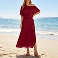 thumbnail image 5 of THDHVS Long Dresses for Women,Solid Color One Shoulder Dress with Cross Waist Elastic Hem Split Hem Pocket Design Casual Beach Summer Outfit,Summer Dress Wine M, 5 of 10