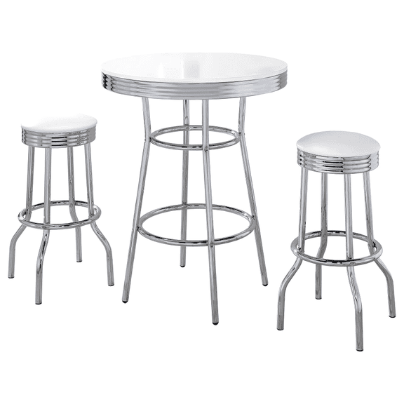 CARTESIAN Retro 3-Piece Bar Table Set, Round Pub Table with 2 Swivel Stools, White Leatherette, Chrome Frame