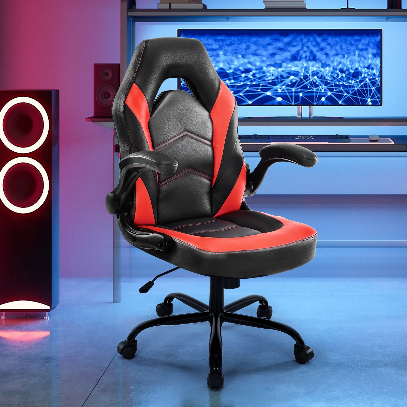 CONCETTA High-Back Gaming Office Chair, Faux Leather Swivel with Flip-up Armrests for Adults, Red