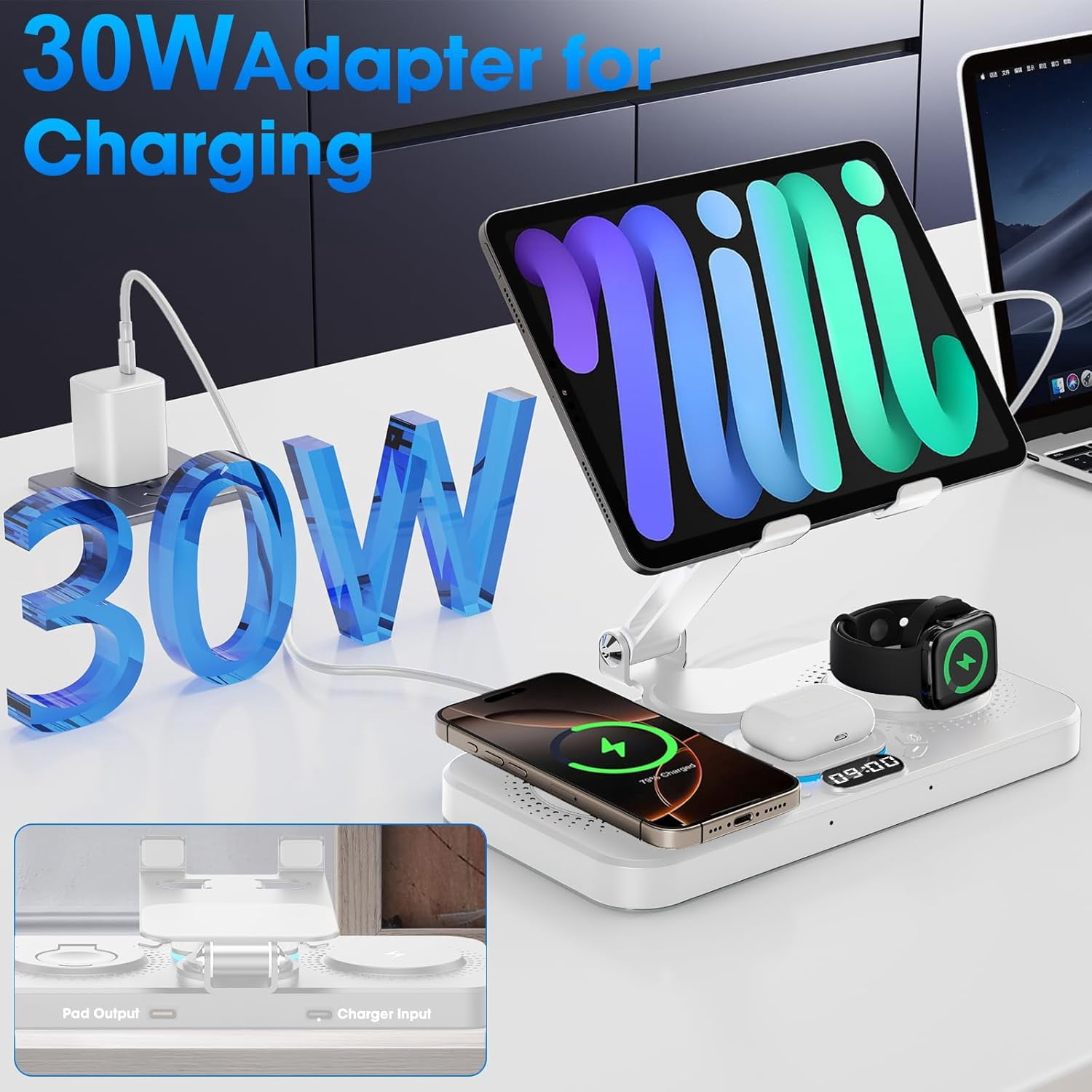 6 in 1 Wireless Charger for Apple Device, 30W Foldable Charging Station for ipad with Clock & 7 Color Ambient Light, Nightstand Wireless Charger for iPhone 16/15/14/iWatch Series/AirPods 4/3(Black)