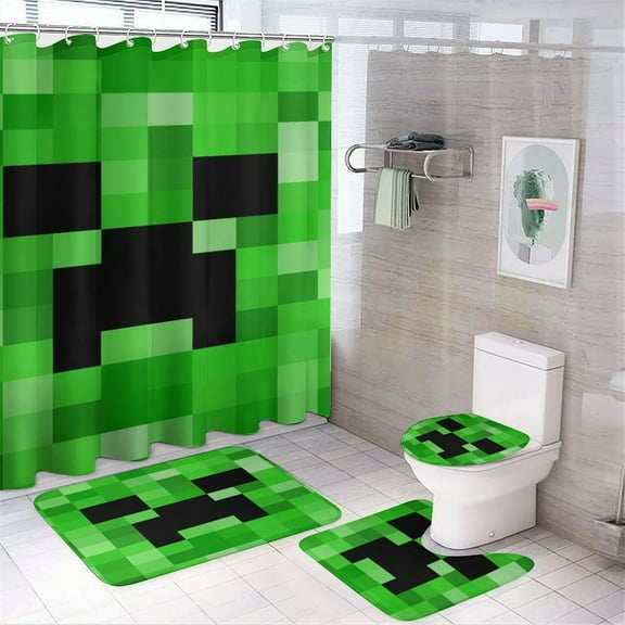 Minecraft Power 4 Pcs Shower Curtain Sets Non-Slip Rugs Bath Mat Toilet Cover U Shaped Mat for Bathroom Decor Bathroom Set 72" X 72"