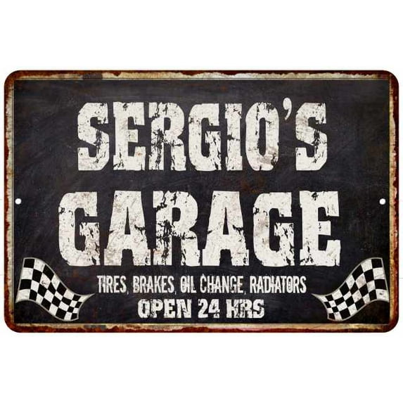 SERGIO'S Garage Black Grunge Sign 8 x 12 Matte Finish Metal 108120005346
