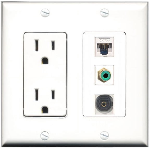RiteAV - 15 Amp Power Outlet 1 Port RCA Green 1 Port Toslink 1 Port Cat5e Ethernet White Decorative Wall Plate