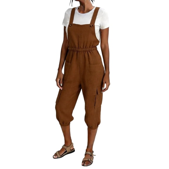 Aoochasliy Women Imitation Linen Cargo Short Jumpsuit with Pockets Adjustable Shoulder Straps Casual Overalls Romper for Daily Wear Outdoor Hiking