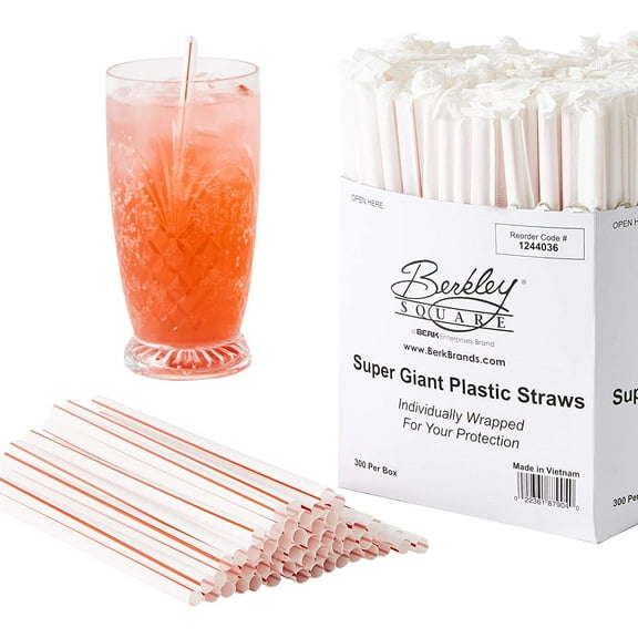 Avant Grub 7.75" White and Red Retro Stripe, Plastic Disposable Drinking Straws, 300 Pack