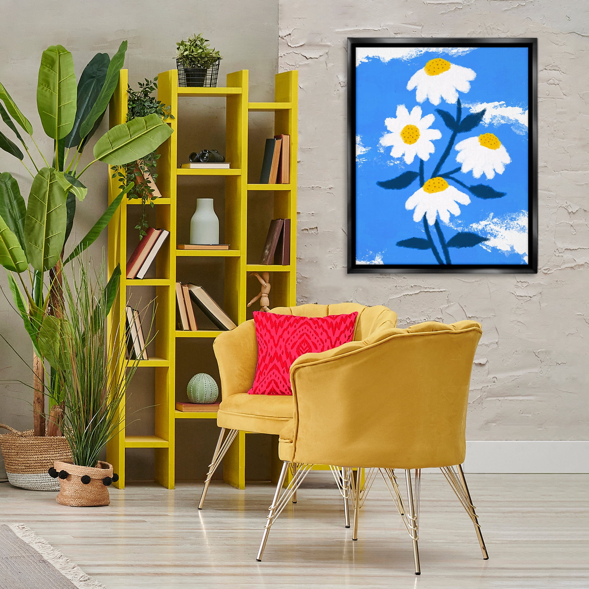 Stupell Industries Daisy Bloom with Clouds Plants & Flowers Painting Black Floater Framed Canvas Art Print Wall Art, 25 x 31